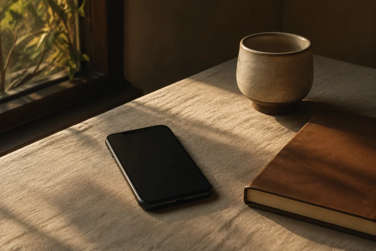 Celular, caderno e xícara sobre uma mesa em luz suave de fim de tarde.